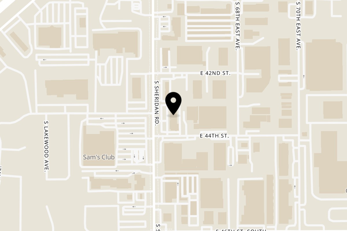Map showing the location of Rice Bowl Cafe on 4307 S Sheridan Rd in Tulsa